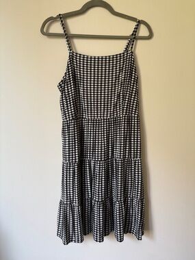 LOFT Black and White Gingham Tiered Midi Dress